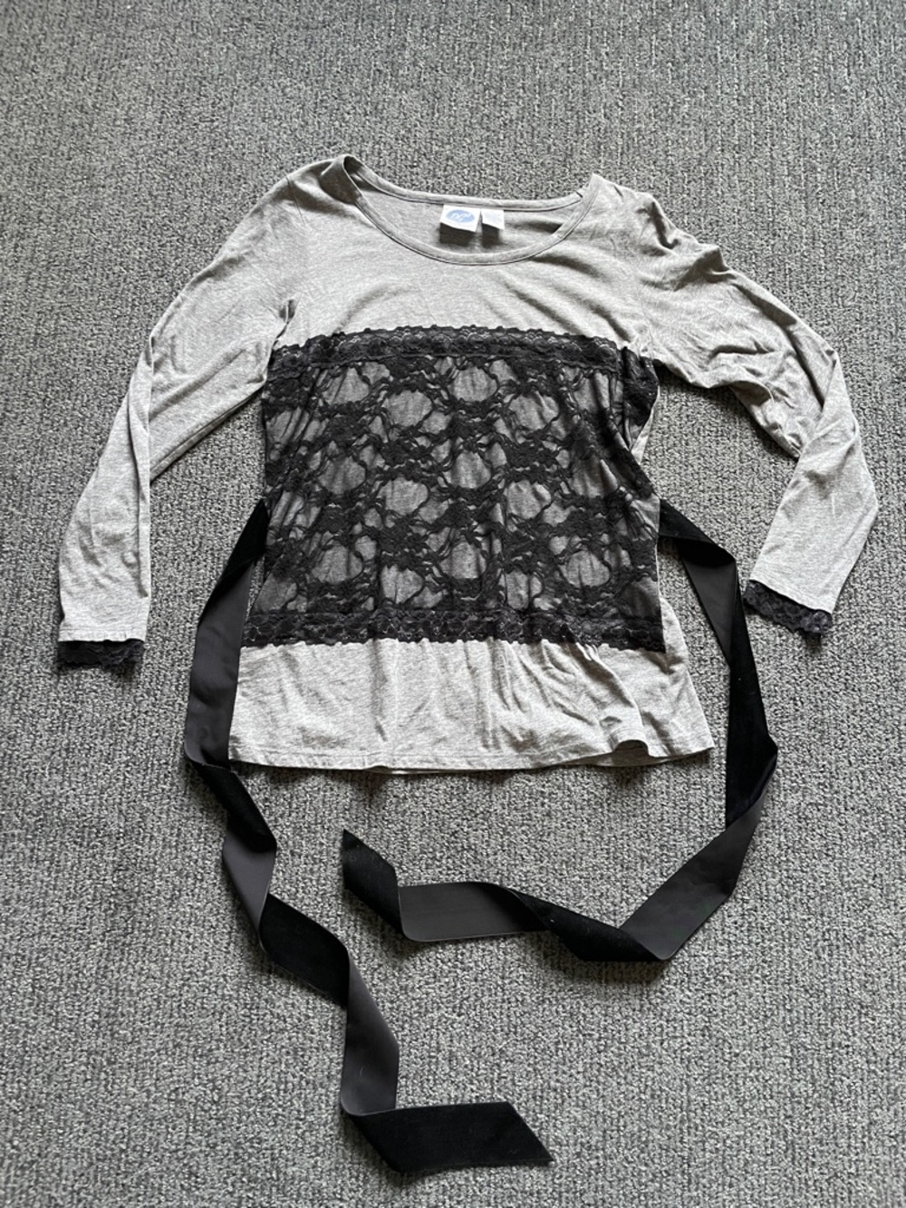 DG2 by Diane Gilman Gray Long Sleeve Top with Black Lace & Ribbon